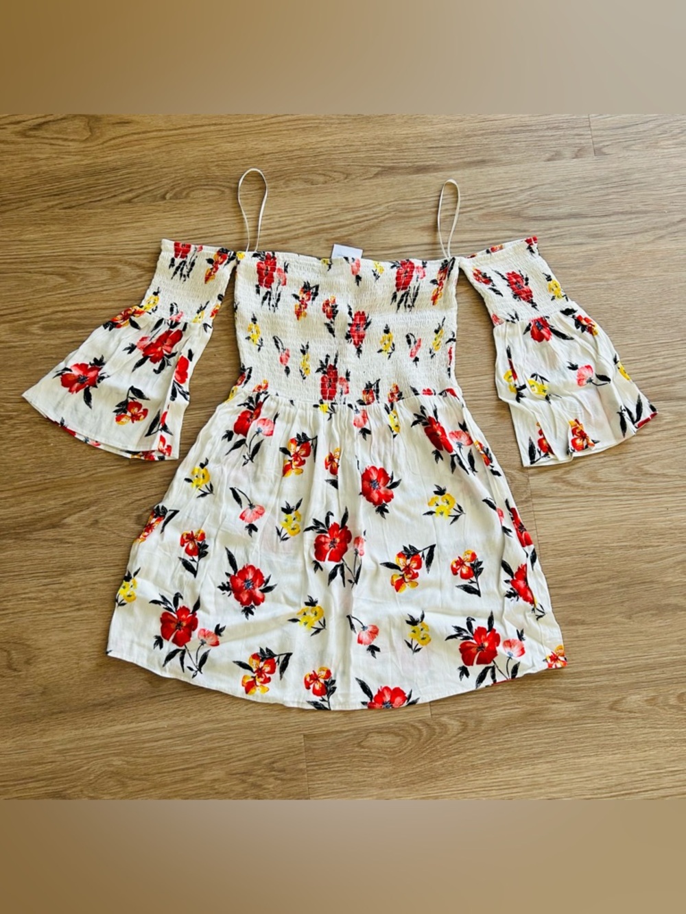 NWT Forever21 Small White Dress Ruched Gathered Watercolor Print Poppy Floral